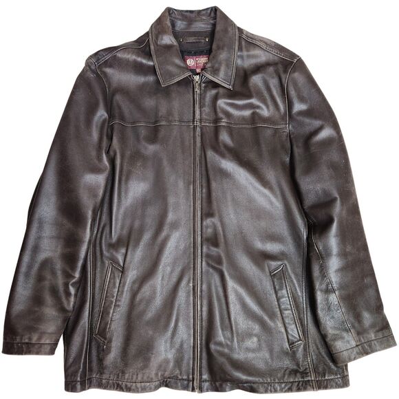 Vtg Wilsons Leather Coat Mens XLT‎ Distressed Dark Brown Preppy Career Collared - Picture 1 of 10
